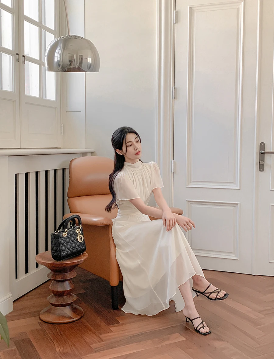 Elegant Solid Midi Dresses for Women Ruffles Half-high Collar A-line Office Lady Casual Korean Fashion Autumn Vestidos Mujer New