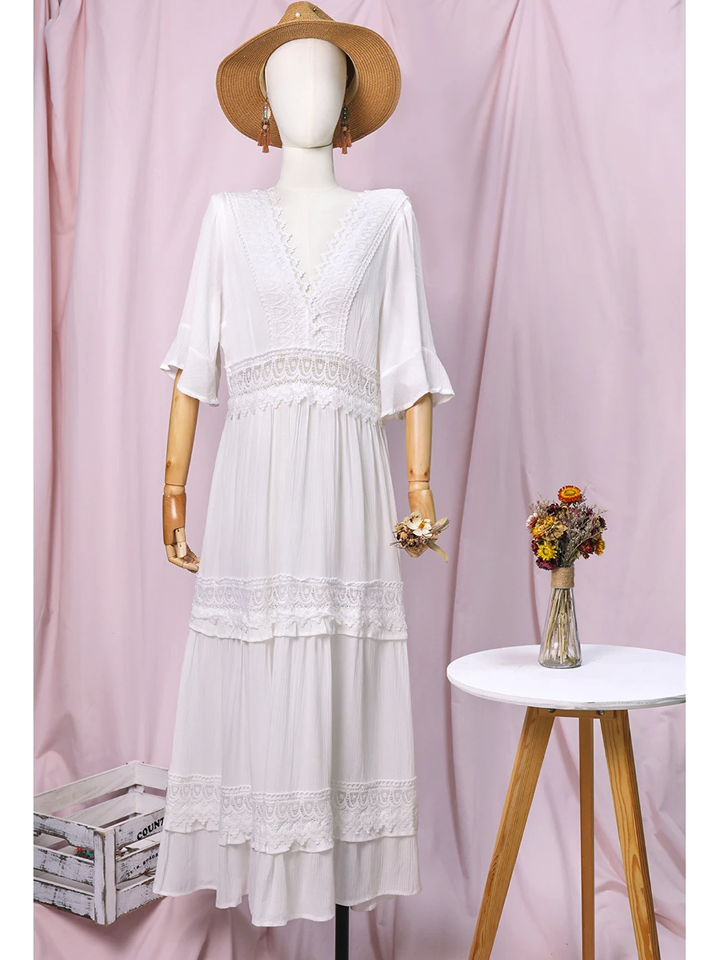 White Lace Boho Midi Dress 5