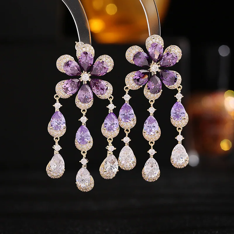 Bilincolor Gradient Colored Zircon Exquisite Flower Tassel Earrings for Women