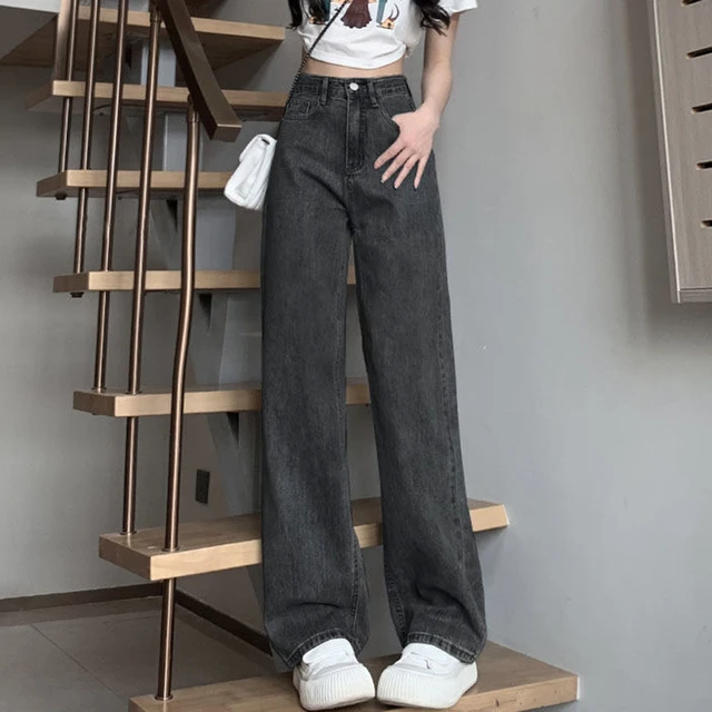 Jean Vintage à Jambes Larges pour Femme, Pantalon Taille Haute, Mode Féminine, Noir, Gris, Rétro, Bleu Clair, Rose, Denim Fjj 1