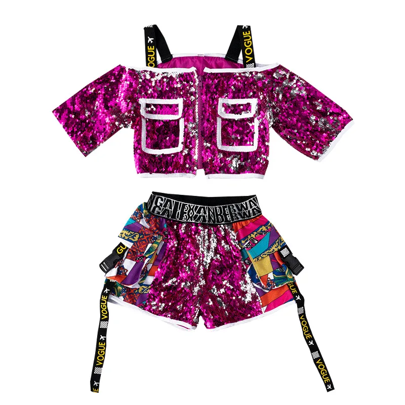Girl Dance Costume Children Costumes Costumes For Kids Jazz Ballroom Dancing Clothes Wear Hip Hop Clothes For Girls Sequins Rose Shirt Tops Short Pants Carnaval