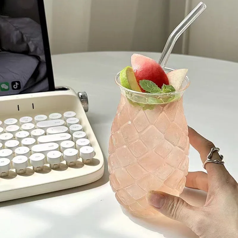 Glass Cup Pineapple Shape Coffee Mug with Straw Transparant Drinking Glass Cocktail Bar Beverages Soda Water Juice Mug Drinkware