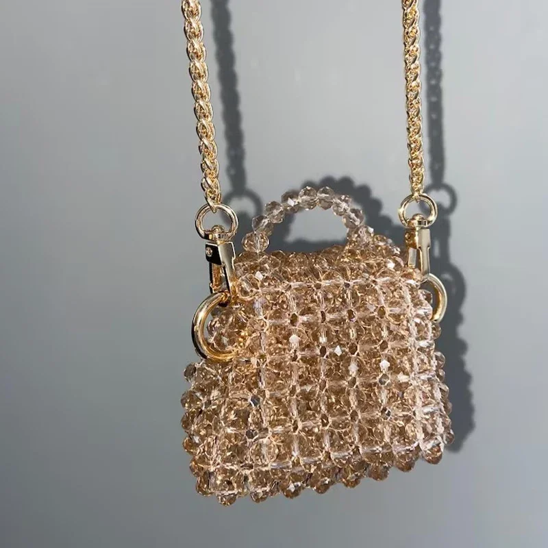 

Роскошные Дизайнерские маленькие милые кошельки с металлической цепочкой, женская сумка через плечо цвета шампанского с кристаллами и бусинами, блестящая женская сумка через плечо, новый подарок 2024