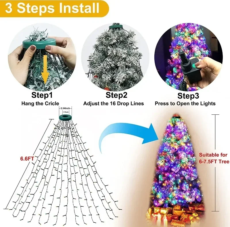 Christmas Tree Topper Star Lights, Outdoor Waterproof LED Waterfall Lamp Xmas Decoration Fairy String Light for Party Home Decor