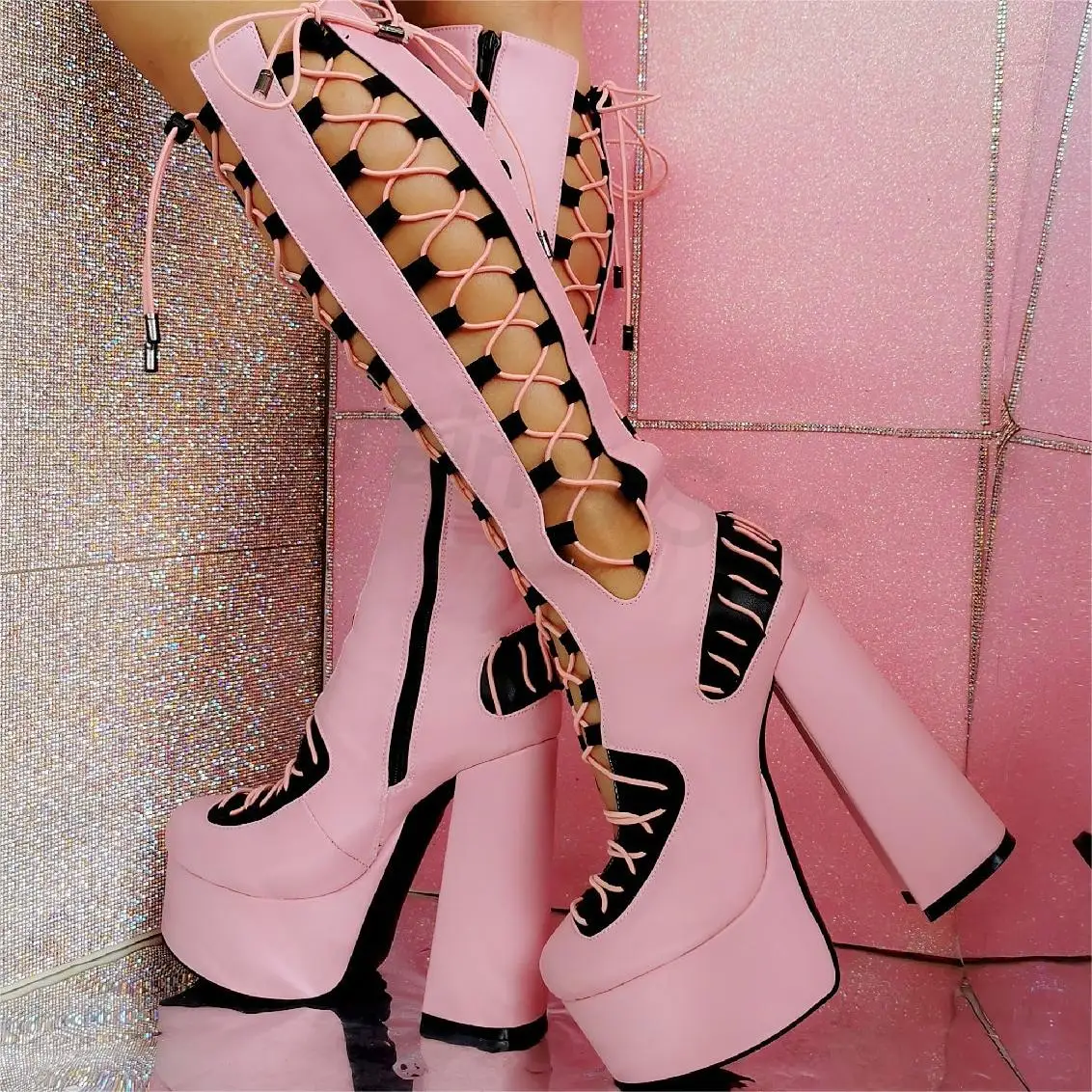

Openwork Pink Zip Round Head Summer Platform Rubber Leather Lolita Y2k Long Thigh High Heel Women's Boot Free Shipping Promotion