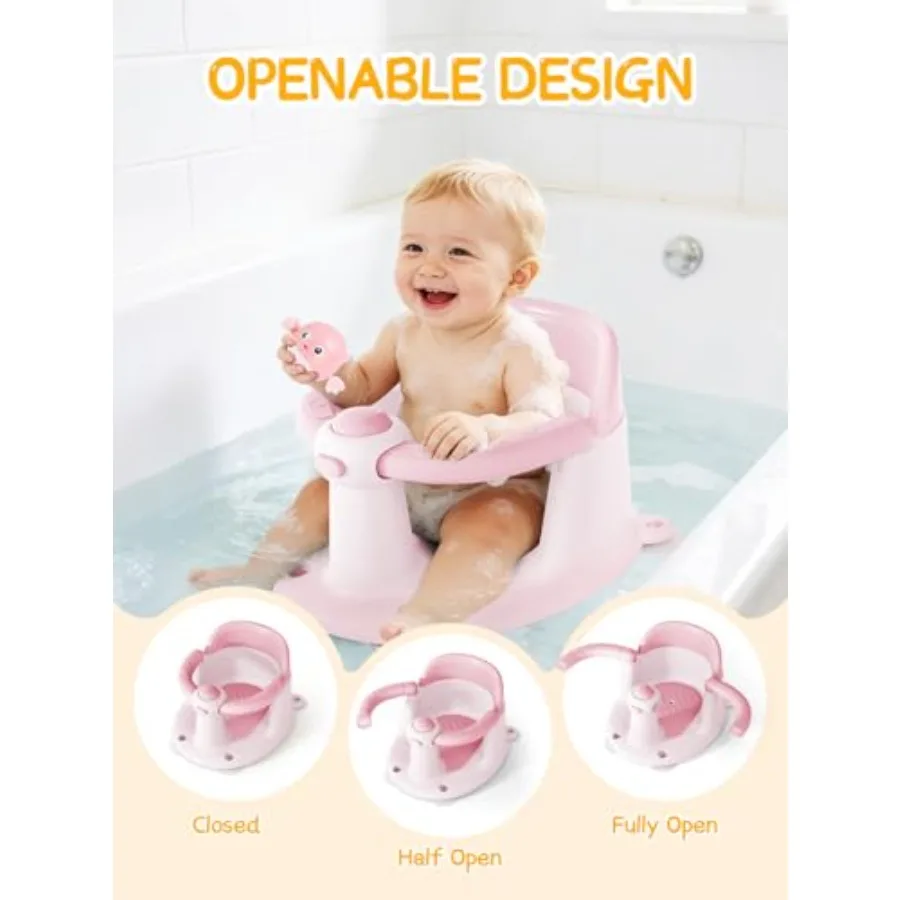 Baby Bath Seat for Babies 6 Months Up - Bathtub Seats with 3 Baby Bath Toys Non-Slip Comfortable Infant Bath Essentials Pink