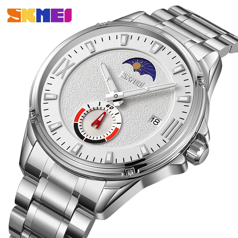 SKMEI Fashion Stainless Steel Quartz Man Watch Date Lunar Phase Casual Waterproof Men's Wristwatch Male Clock Relogio Masculino 4pcs lot 20khz 300mhz tcxo crystal oscillator precision 0 1ppm dip8 audio diy low phase noise high stable clock free shipping