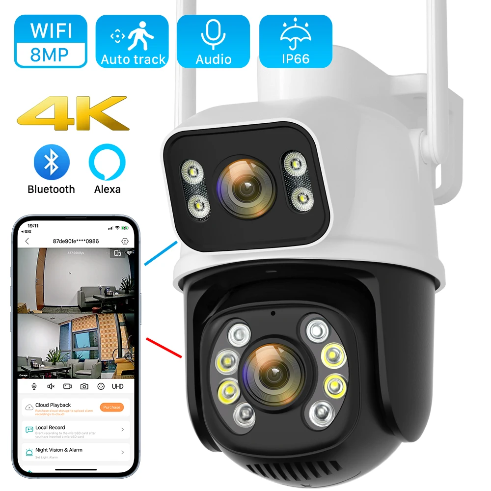 8MP 4K iCSee Wifi Camera Outdoor Dual lens Dual Screen Ai Human Detection Auto tracking Security Protection IP Wifi Surveillance