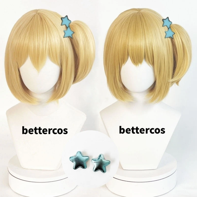 

2Types Yachi Hitoka Cosplay Wig Fiber Synthetic Wig Anime Haikyuu Cosplay Gold Side ponytail short hair+ Wig cap