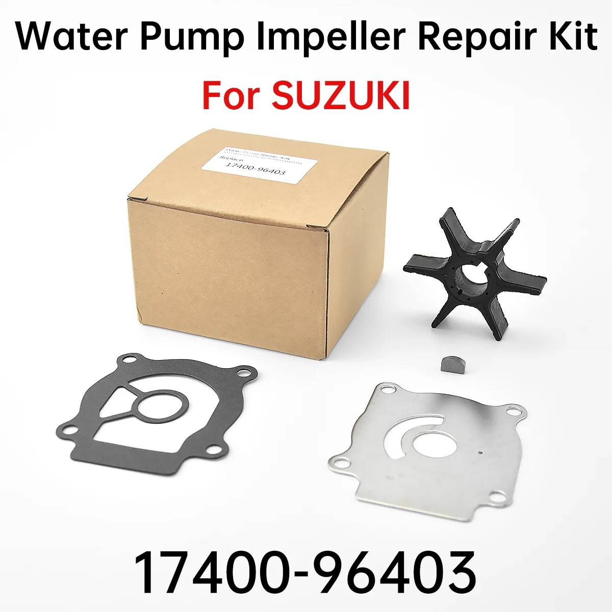Water Pump Impeller Repair Kit For Suzuki DF 20-50 HP Outboards – Includes Impeller, Plate, Key, Gasket (Fits 17400-96403)