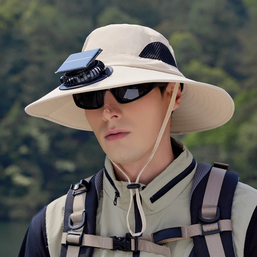 Wide Brim Solar Fan Hat Outdoor Fishing Hat UV Protection Outdoor Sun Hat with Removable & USB Charging Fan for Men Women