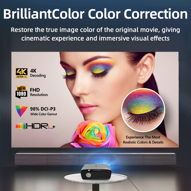 A9R 4K HDR10+ 비디오 프로젝터 - 1550 ANSI 루멘 휴대용 홈시어터, 주야간 시청 가능, 캠핑용 야외 영화 프로젝터