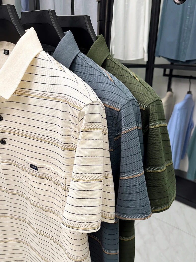 High quality stripe men short sleeve polo shirt light luxury pocket comfort breathable summer silky cotton casual lapel T-shirt 23 Sa74711d227ff459db8332b3586805664C