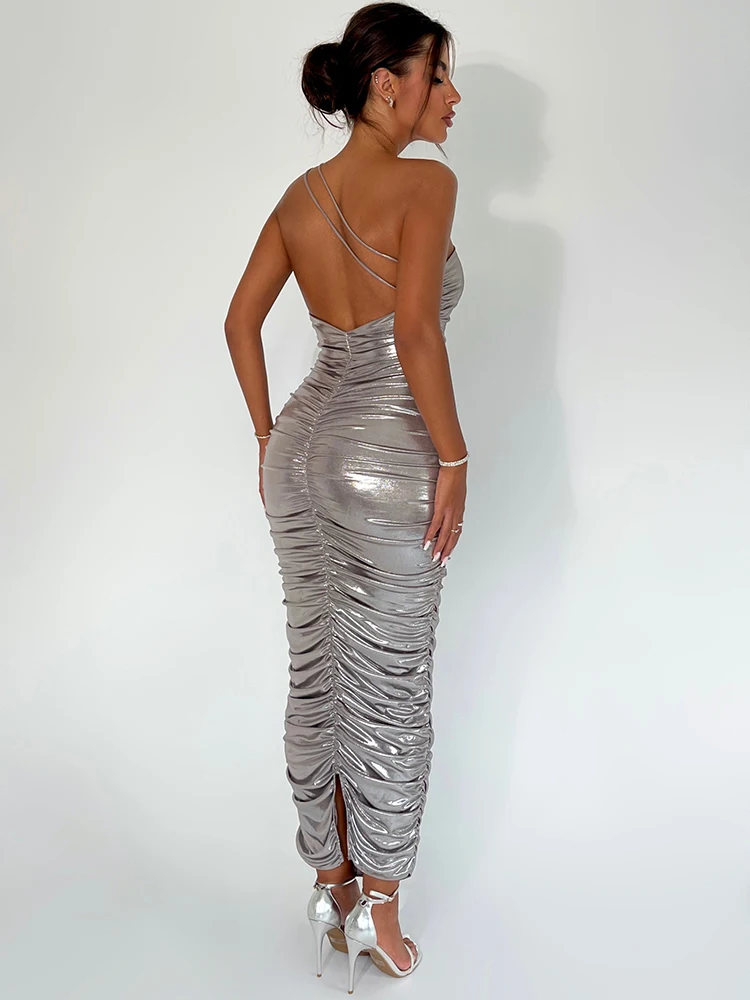 -Women's One Shoulder Sleeveless Backless Dress, Pleated Bodycon, Temperament Dress, Female Party, Club, Evening
