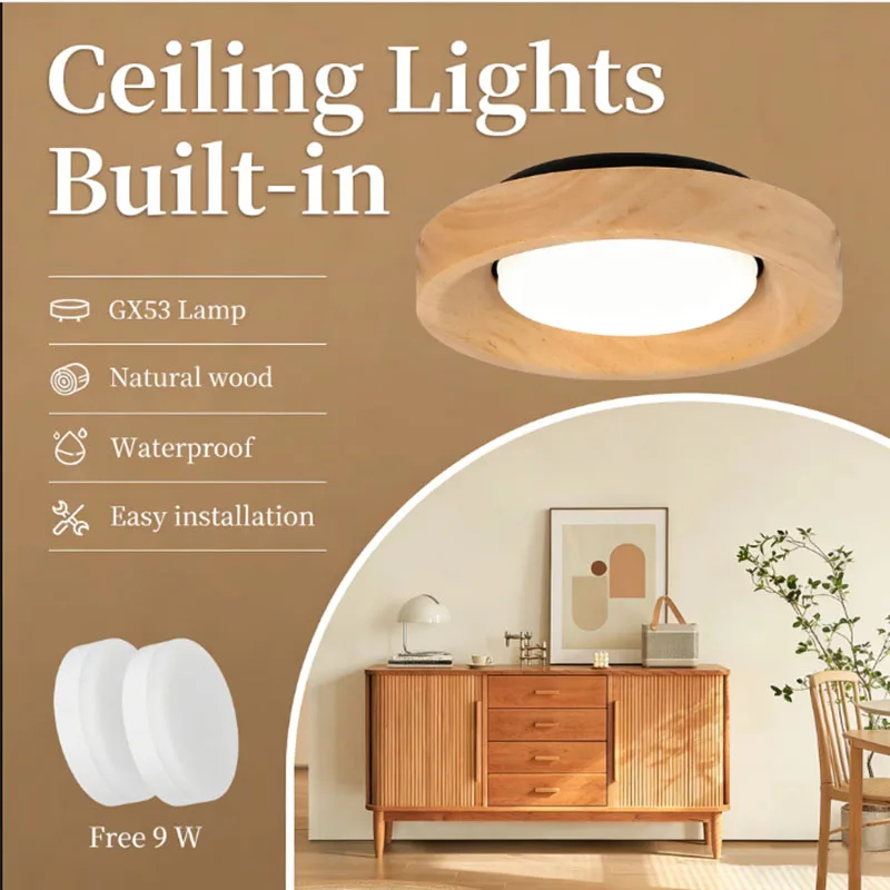Gx53 통 현대식 원형 단단한 나무 220v 좁은 압력 9w Led 천장 조명 침실 발코니 연구실 장식 램프