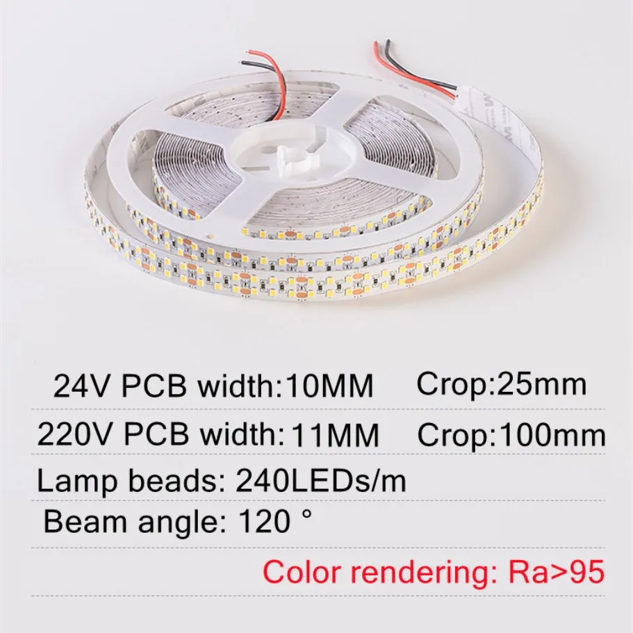 240LEDs/M 더블 로우 SMD 2835 LED 스트립 AC220V DC24V 유연한 절단 가능 소프트 램프 따뜻한/중립/백색광 10mm 11mm 장식 조명