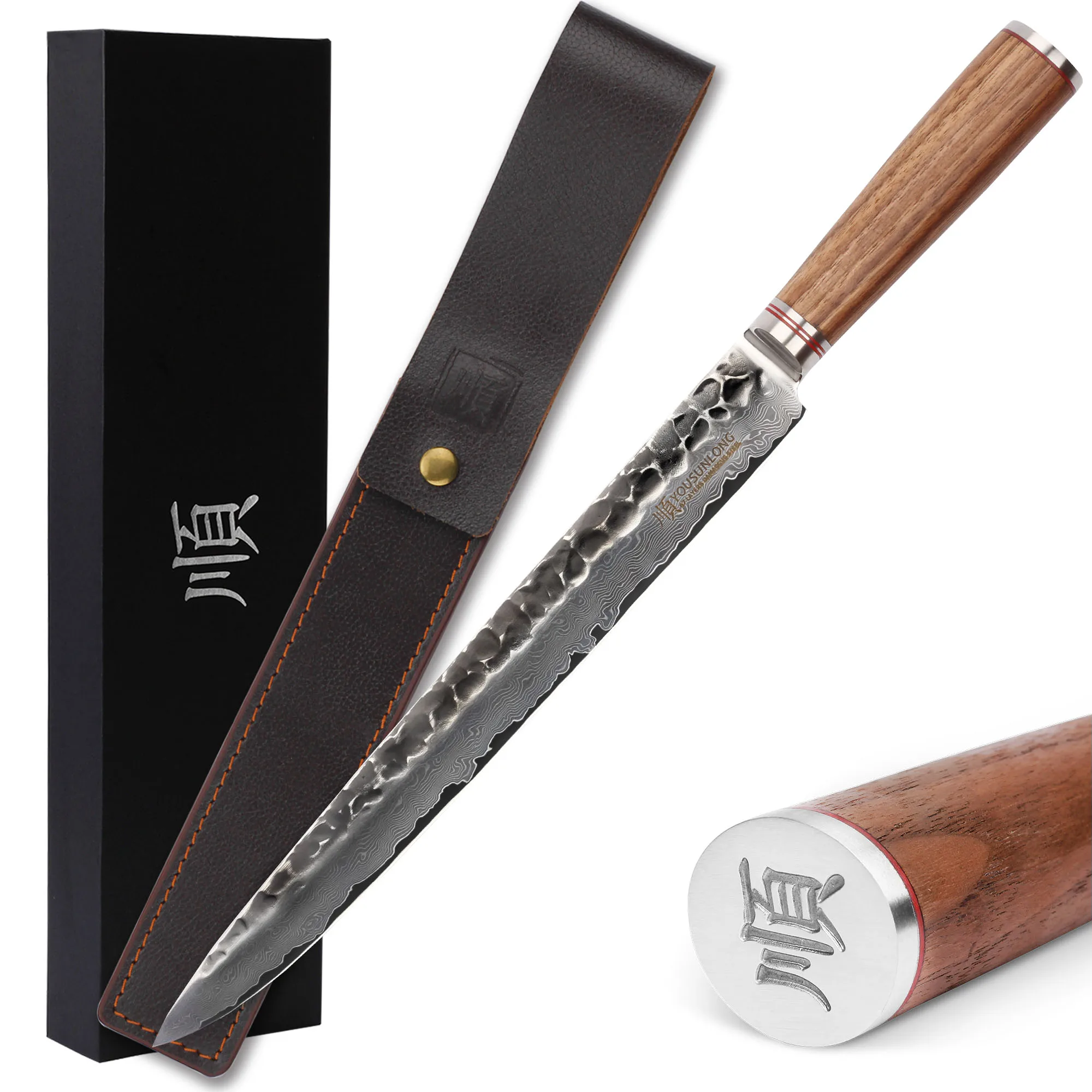 

YOUSUNLONG Fillet knife 12-inch Max Yanagi Knife Plus Sashimi Knife Japanese Hammered Damascus Steel Natural Walnut Wood Handle
