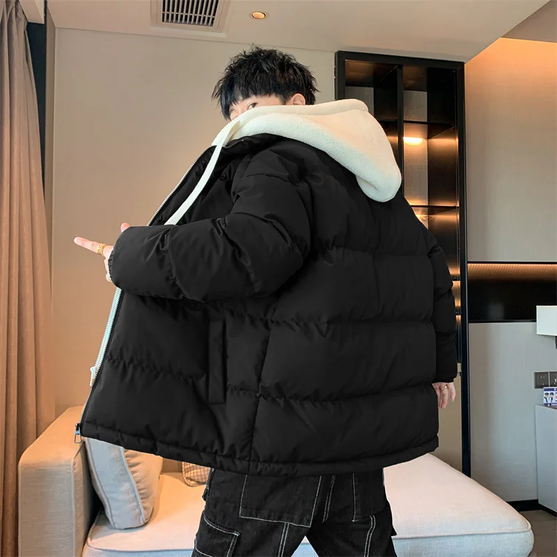 Casual Men's Cotton-Padded Jacket In Winter 2023 Warm Parkas Outwear Solid Lamb Plush Hooded Down Coat Autumn Thick Tops Clothes