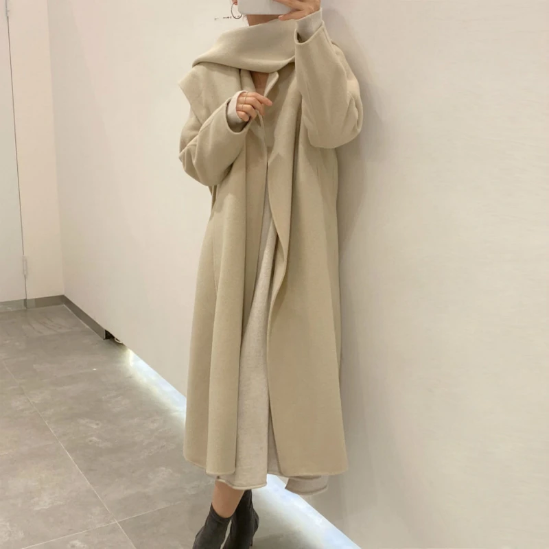 

Nice Women Winter Milky Beige Elegant Vintage Long Cashmere Coat Woolen Cardigan Overcoat Loose Jacket With Hooded