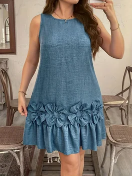 Dodge Blue Embossed Floral Dress Sleeveless Applique Midi an  Elegant Resort Wear 1