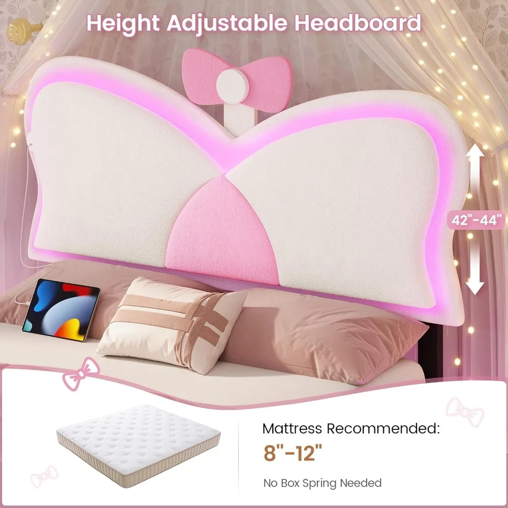 Double Bed Rack with LED Lights and Storage Drawers, Height Adjustable Butterfly Headboard, C-shaped and USB Charging Ports 3