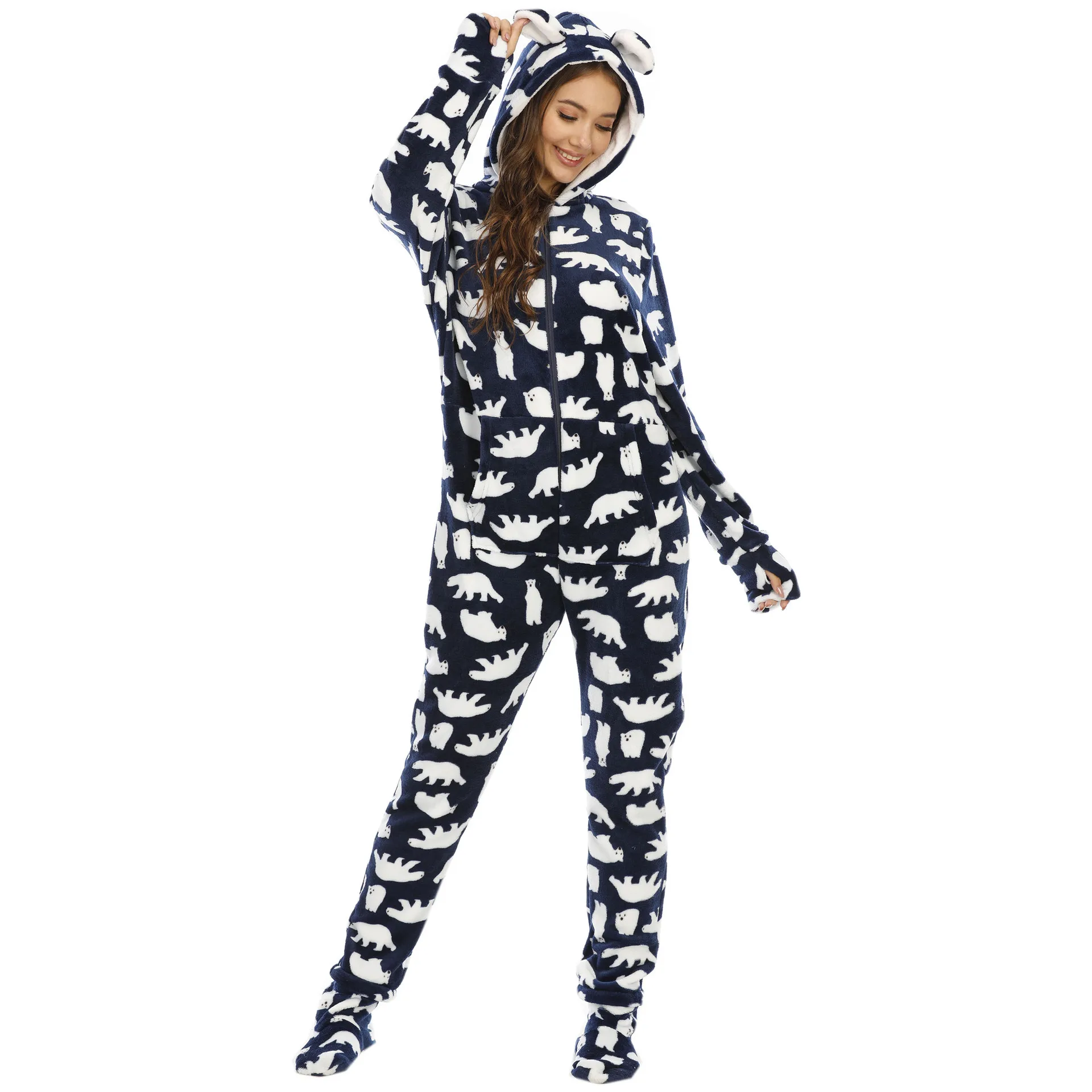 Sleepwear pijama unicornio Womens Fashion Printing Hooded Flannel Long Sleeve Onesies for Adults Kigurumi