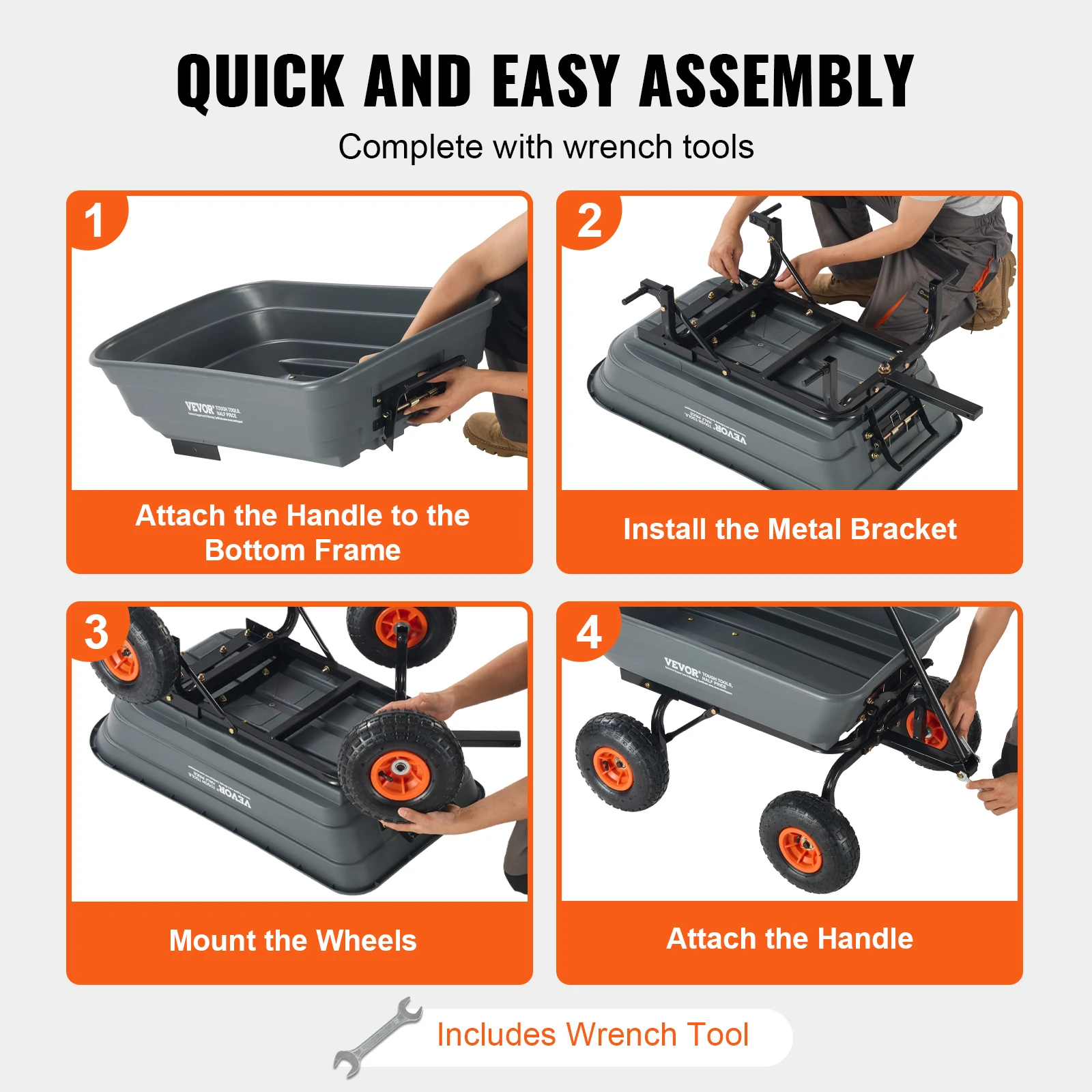 VEVOR Dump Cart Poly Garden Dump Cart with Easy to Assemble Steel Frame Wagon with 2-in-1 Convertible Handle Safe Transport