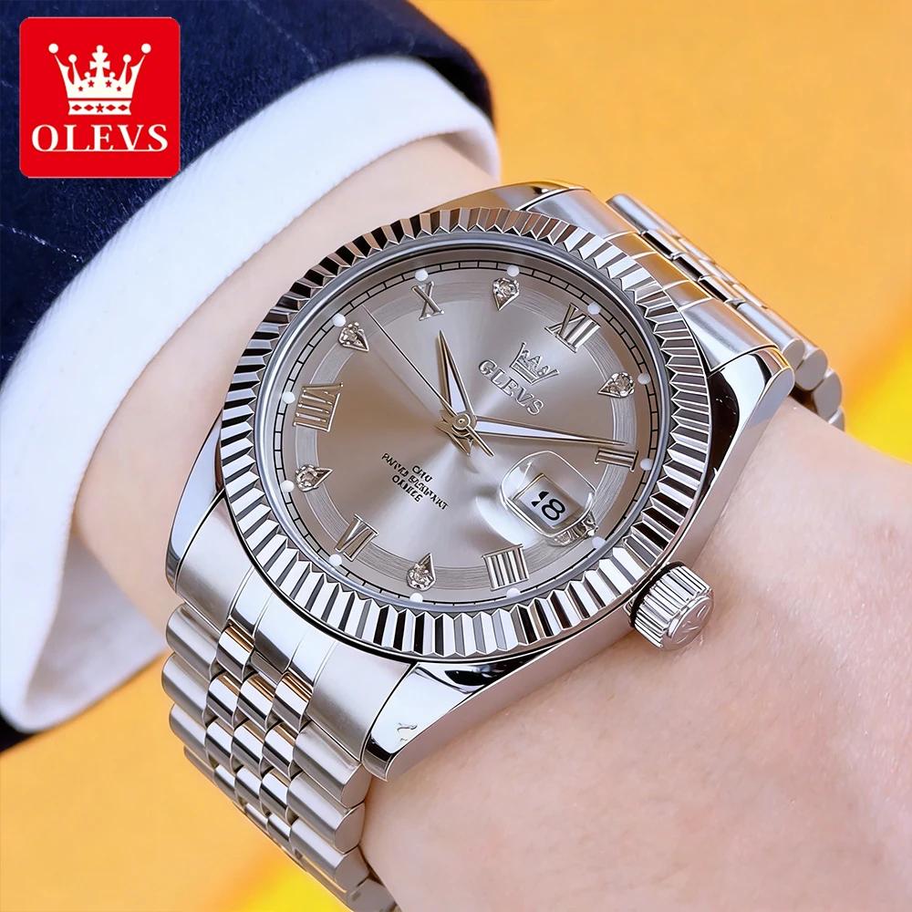 Olevs Men's Watches Classic Fashion Fine Steel Original Quartz Wristwatch For Man Threaded Bezel Big Date Waterproof Luminous, Alina Gadgets