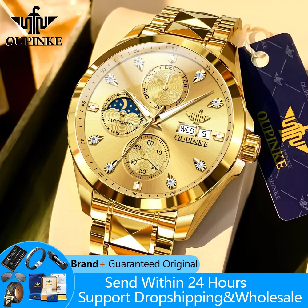 OUPINKE 3298 Moon Phase Man Watch Chronograph Waterproof Complete Calendar High_end Luxury Business Automatic Mechanical Watches