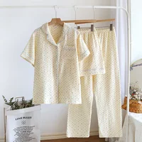 2026 New Summer Women's Pajama Set 100% Cotton Crepe Short Sleeve+Shorts+Pants 3-Piece Pajama Women's Cardigan Home Clothes - Image 3