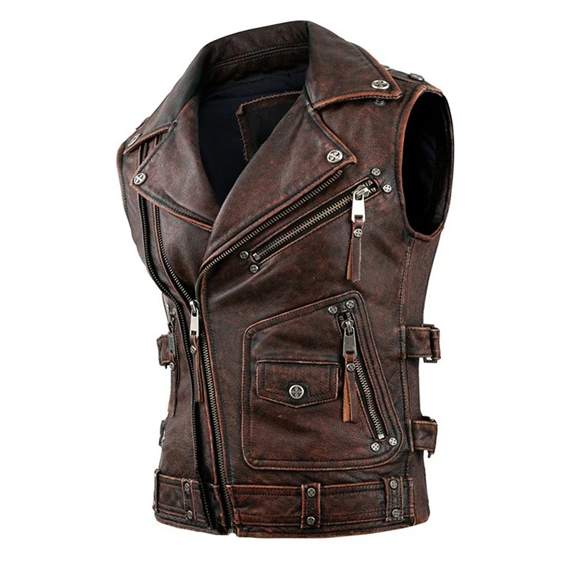 Motorcycle Vests Men Natural Cowhide Genuine Leather Jacket Sleeveless Riding Vest Vintage Brown