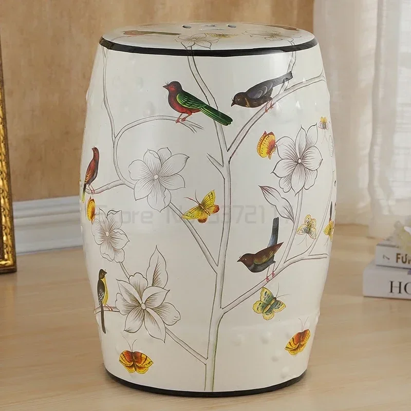 Ceramic Side Table Durable Drum Stool Hand painted Floral and Bird Coffee Table Classic Vanity Seat Suitable for Dining Room