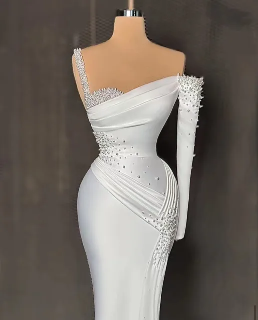 New white one shoulder mermaid prom dress puff long sleeves sweep train sequins beads formal