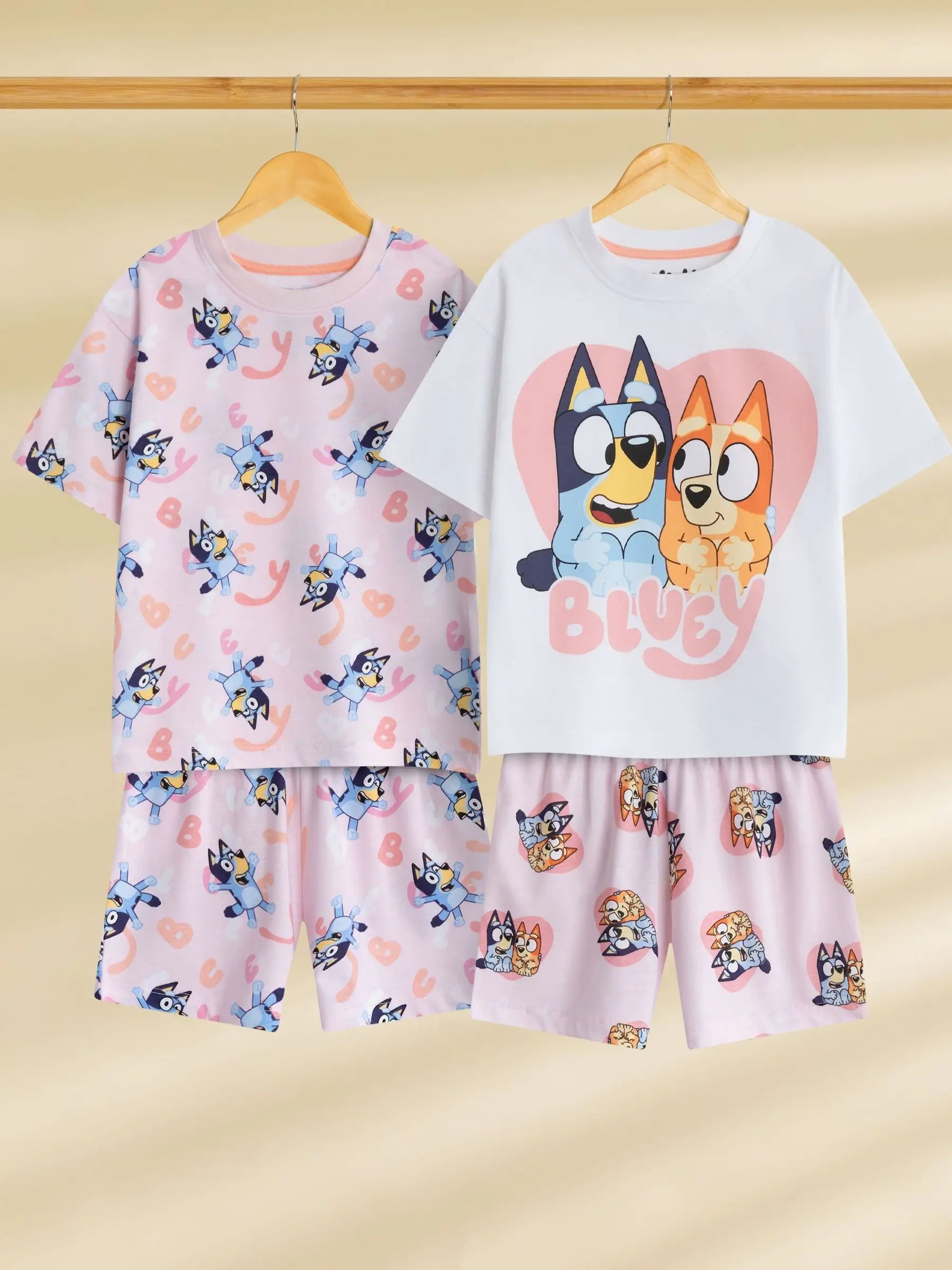 Bluey Animation 키즈 티셔츠 반바지 세트 가족 부모-자식 매칭 의상 여름 통기성 어린이 반팔 탑 비치 바지