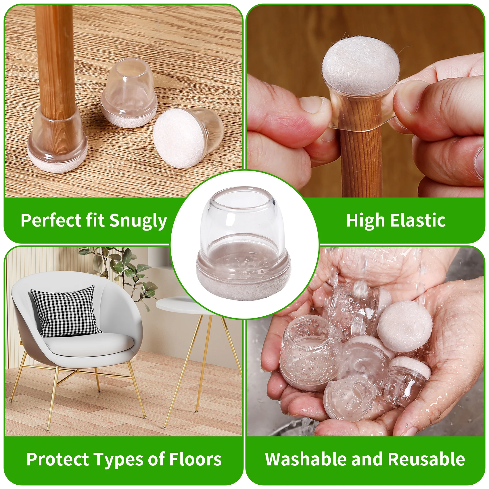 Clear Silicone Chair Leg Protectors with Felt Pads - Set of 16, Floor Scratch and Noise Reduction