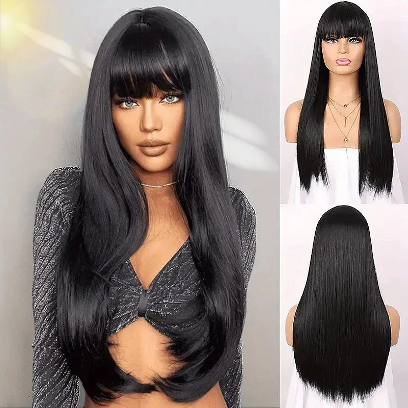 Straight Human Hair Wigs With Bangs  Full Machine Made Wigs For Women Glueless Straight Remy Human Hair Wigs Natural Color 24 28 inch synthetic body wave wigs with bangs none lace front wigs wigs glueless machine made wigs for black women daily use