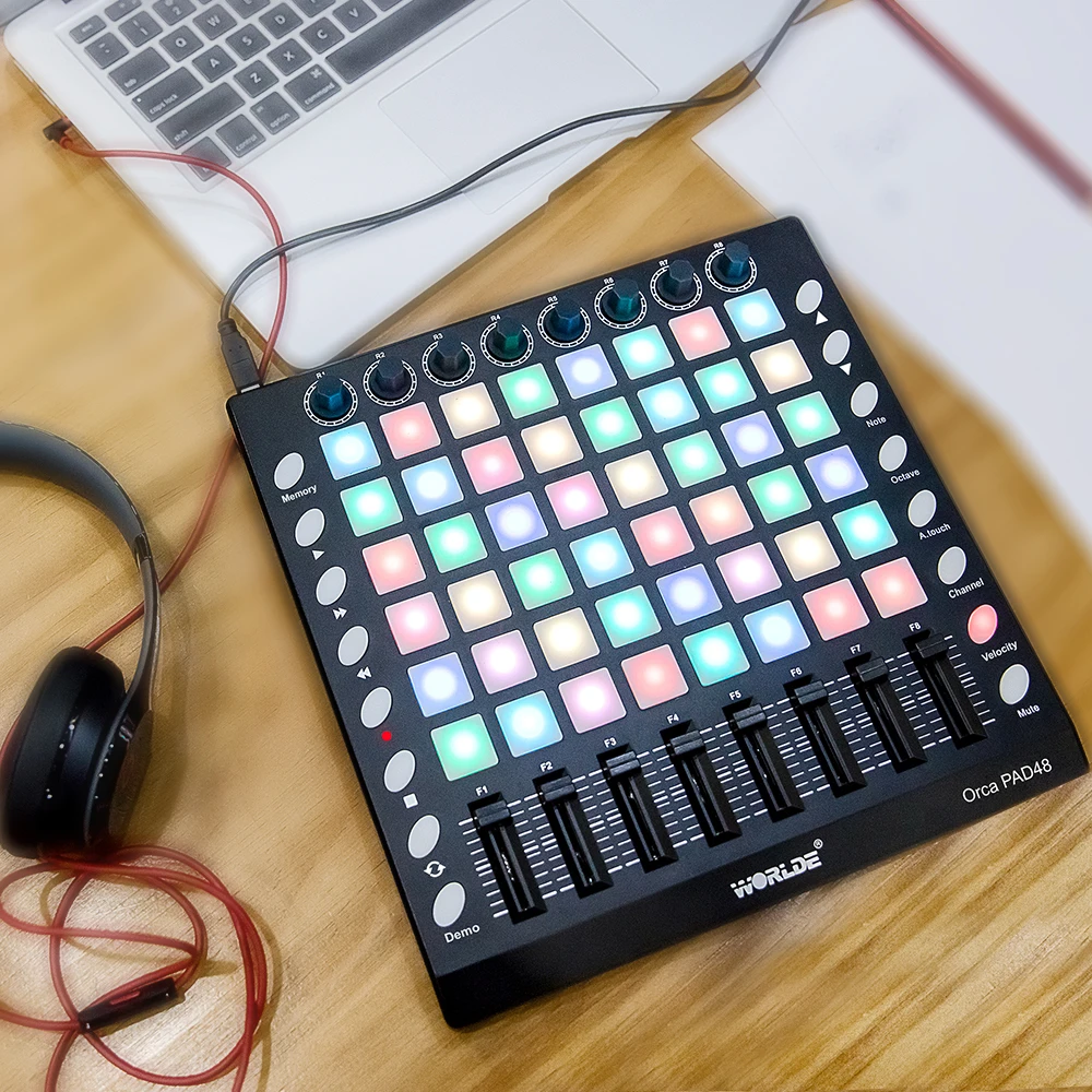 Midi Control Keyboard Portable USB MIDI Drum Pad Controller 48 RGB Backlit Pads 8 Knobs 16 Buttons 8 Sliders with USB Cable