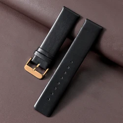 Elegant Genuine Leather Watch Strap with Silver Pin Buckle - 22mm (Black - RoseGold)