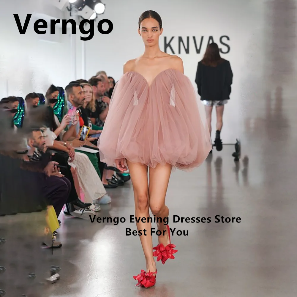 

Verngo Blush Pink Tulle Short Party Dress For Women Sweetheart Full Sleeves Evening Dress Mini Simple Formal Gowns