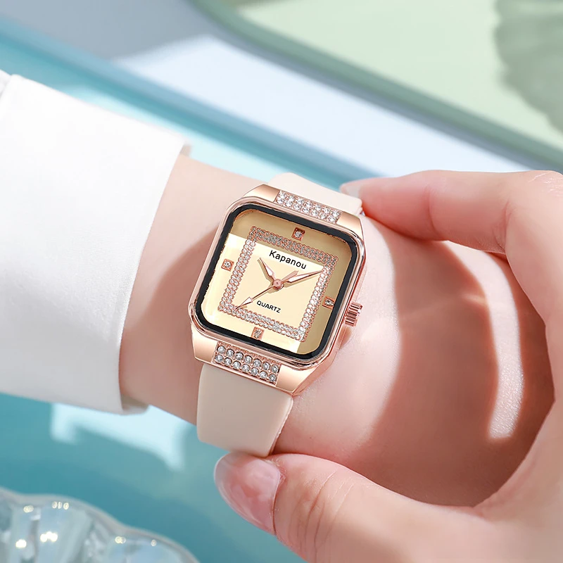 Women's fashionable square shell watch with diamond inlaid silicone quartz watch