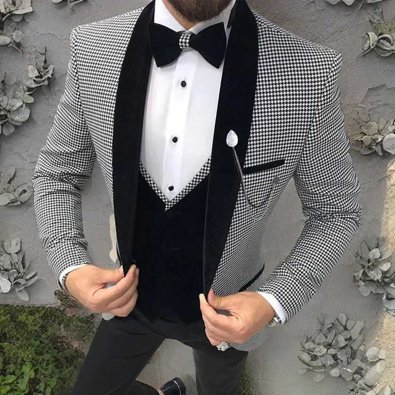 3 Pcs Houndstooth Men Suit Slim Fit for Dinner Prom Tailor Groom Wedding Tuxedo Best Male Fashion (Jacket + Pants + Vest)