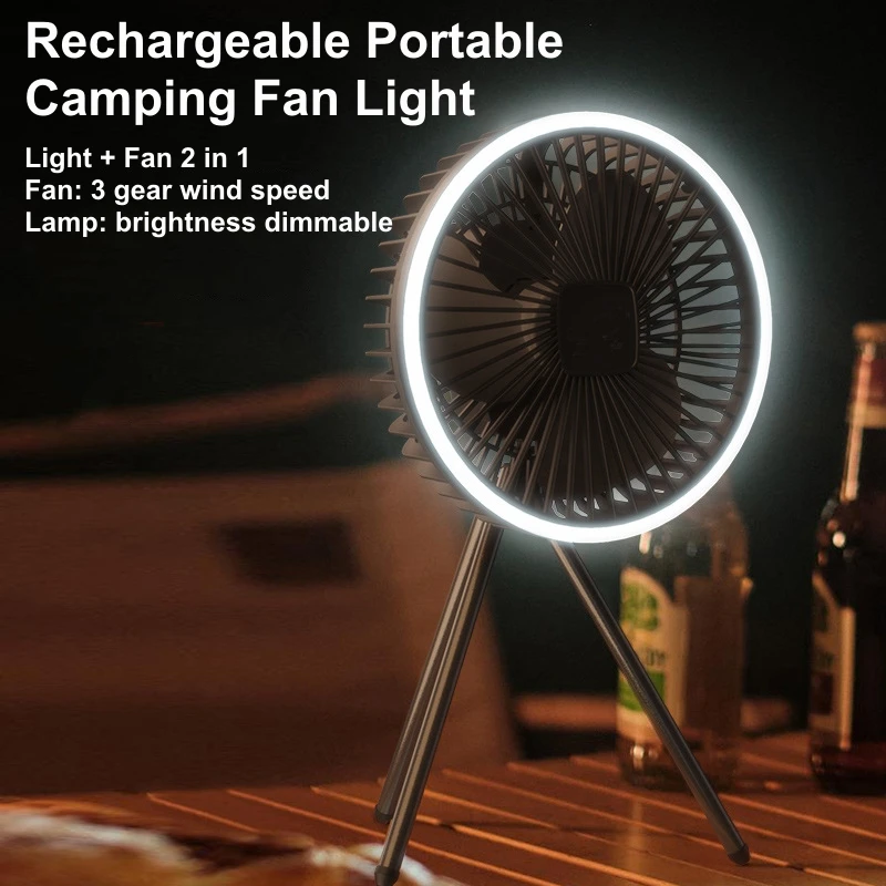USB Rechargeable Camping Fan with LED Night Light Desktop Portable Circulator Cordless Ceiling Electric Hanging Fan with Tripod