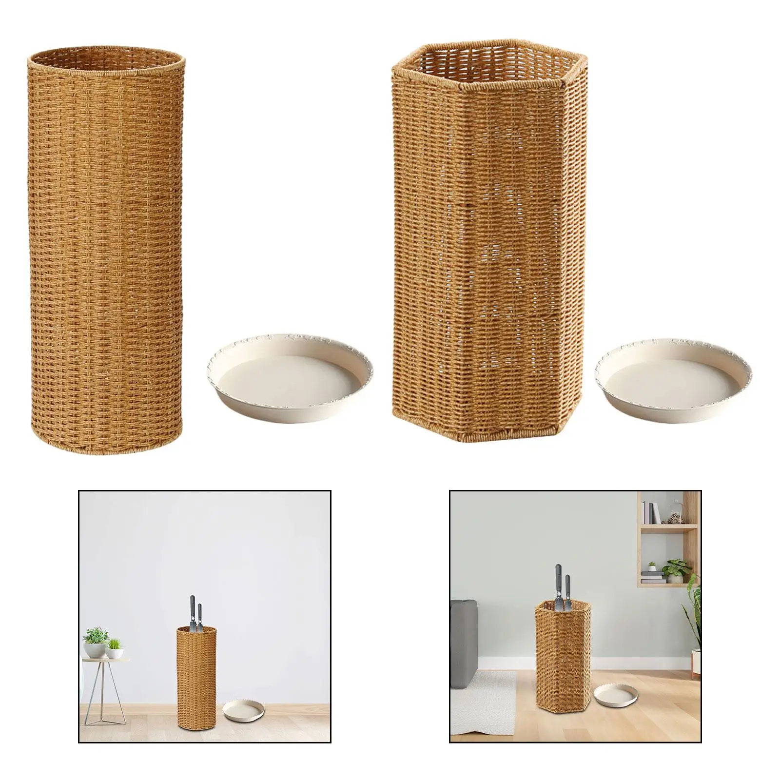 Umbrella Holder Weaving Umbrella Stand with Dip Tray Vintage Style Yoga Mats Umbrella Holder Bucket for Doorway Porch Entryway Bathroom Hallway