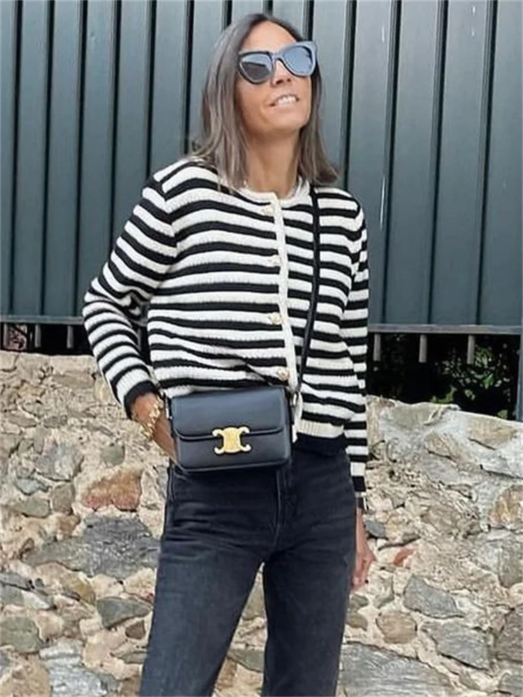 Suéter de punto a rayas, cárdigan, abrigo para mujer, suelto, de manga larga, a la moda, ajustado, con parches en contraste, prendas de vestir exteriores, abrigo de punto de verano