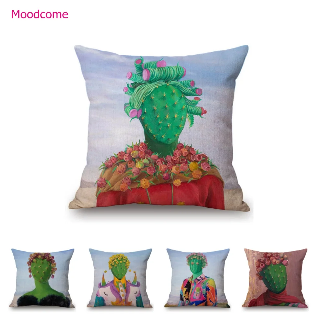 

Summer Cactus Head Portrait Oil Painting Surrealistic Decorative Art Cotton Linen Sofa Pillow Case Car Seat Cushion Cover