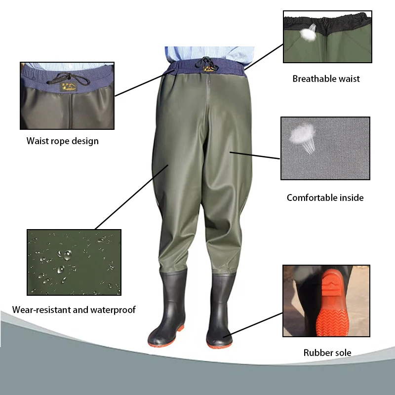 Thickened Waterproof Waist-Length Water Pants, Half-Body Fishing Pants, Men  Fishing Clothing, One-Piece Rain Pants with Boots