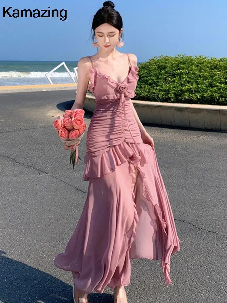 

Elegant Pink Ruffles Dresses Summer Casual Spaghetti Straps Split Holiday Vestidos Women Slim Vintage Pleats Robe Beach Clothes