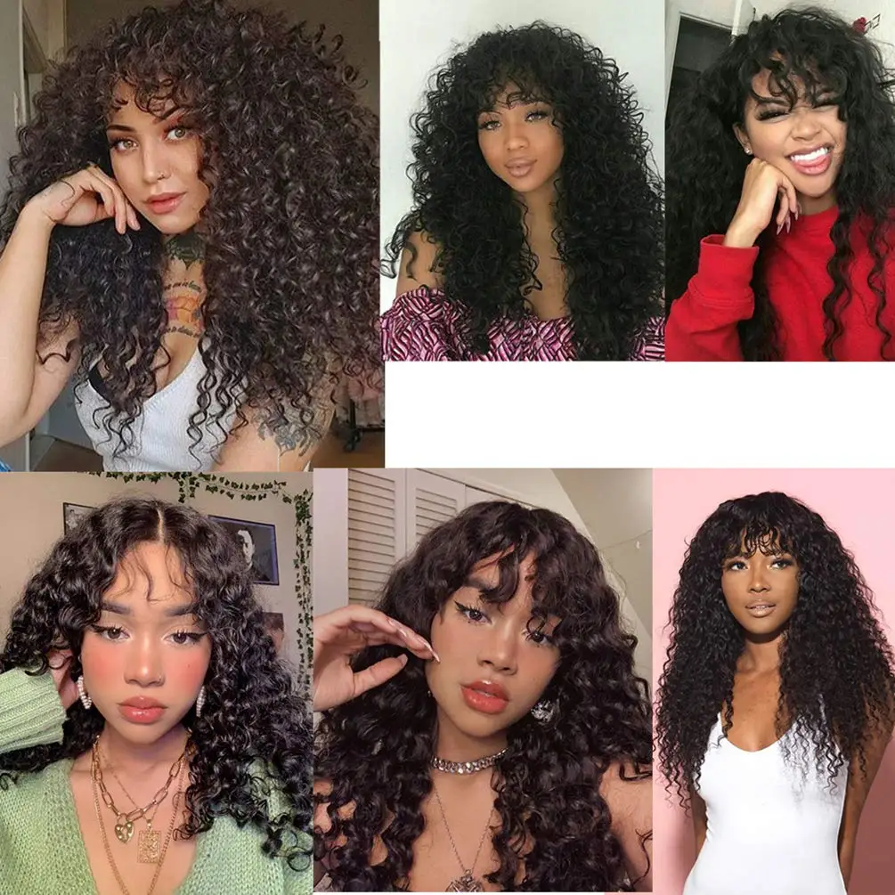여성용 물결 모양 인모 가발, 앞머리 포함, 풀 머신 메이드, 18-32인치, 딥 컬리 프린지 가발, 레미 헤어, 내추럴 컬러
