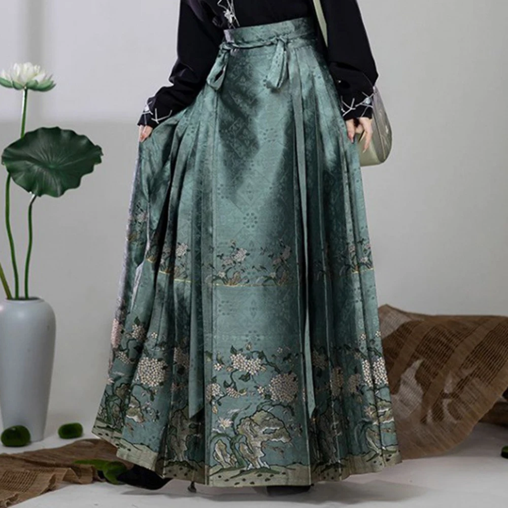 

Women's National Style Retro Jacquard Suit Lace Up Horse Face Skirt High Waist Wide Top with Adjustable Waistband