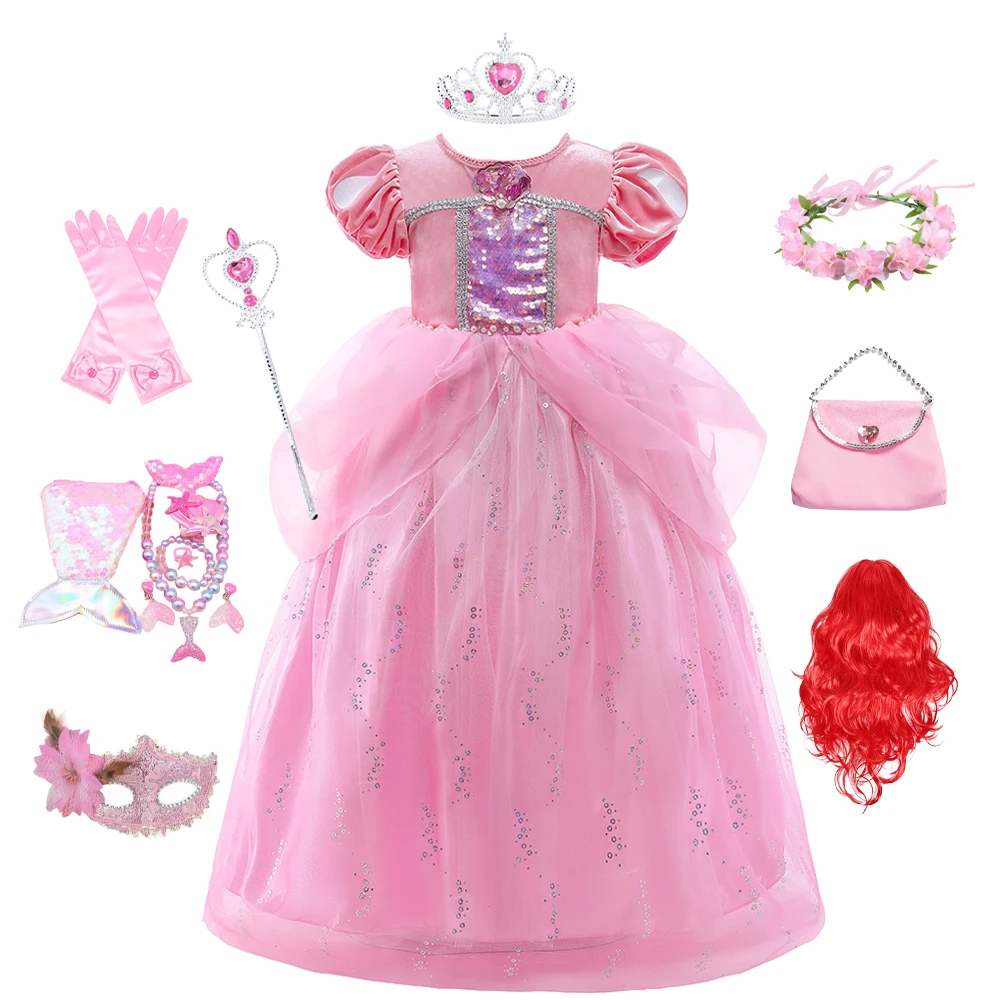 New 2023 Girls Mermaid Costume Princess Pink Ariel Party Ball Dress Deluxe Carnival Cosplay Costume Kids Birthday Fantasy Robe